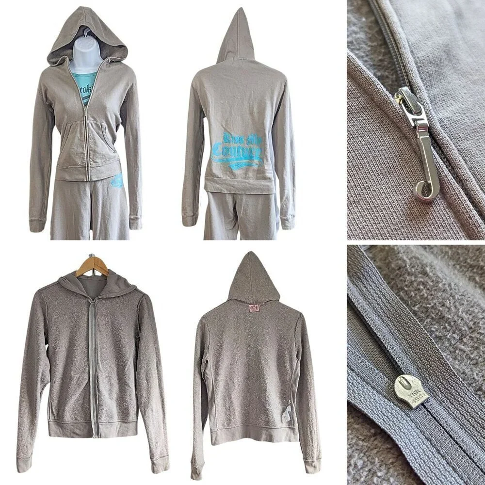 Vtg Y2K JUICY COUTURE 3pc French Terry Greige Kiss My Couture Tracksuit Set P/S